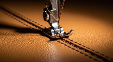 Close-up of sewing machine foot and needle stitching brown leather with precision and detail
