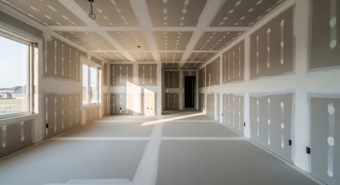 Unfinished residential interior with drywall installation in sunlit room during construction phase