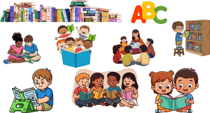International Children&rsquo;s Book Day, April 2, an illustration showing children from diverse cultures happily reading books in inspiring educational scenes that promote a love of reading, early learning.