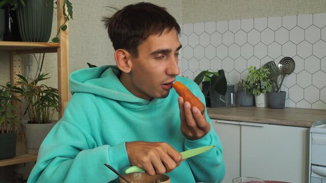 a man has dinner at home after work