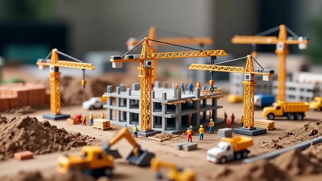 Miniature construction site with cranes, workers, and vehicles building modern structure, representing urban development, engineering, and infrastructure progress.