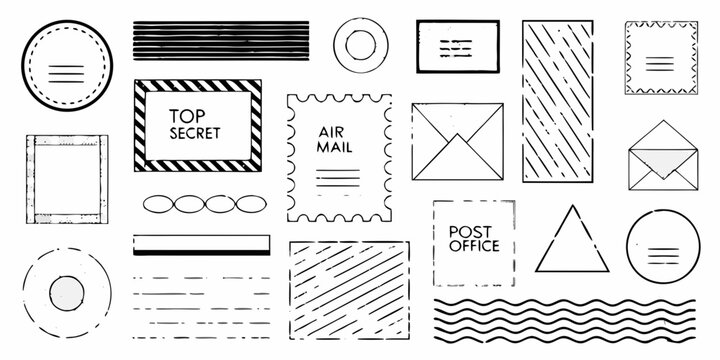 Collection of black and white postage stamps and graphic elements