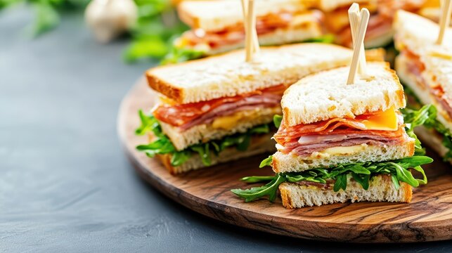 Close-up of stacked mini club sandwiches with ham, cheese, and leafy greens on sliced bread, served on a round wooden board, ideal for catering or lunch menus
