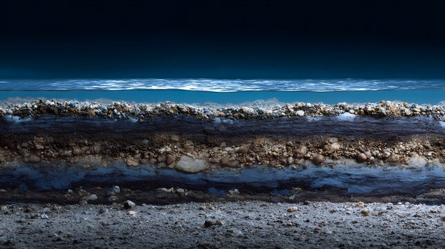 Cross section of layered sediment beneath the ocean surface