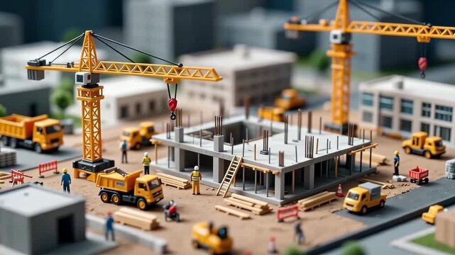Miniature construction site with cranes, workers, and vehicles building modern structure, representing urban development, engineering, and infrastructure progress.