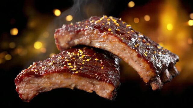 Juicy bbq spare ribs smoking over glowing flames with bokeh effect