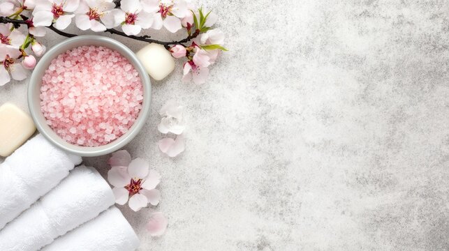 Flat lay of spa essentials including pink Himalayan salt, rolled towels, soap, and cherry blossom flowers on gray stone background, representing self-care and wellness
