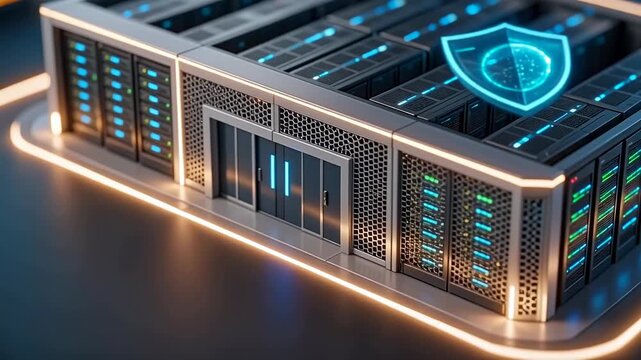 Modern data center with high-performance server racks and cloud infrastructure representing digital storage, cybersecurity, and enterprise IT operations.