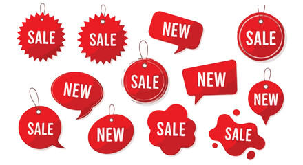 A collection of red sale and new product tags and labels with various shapes and designs.