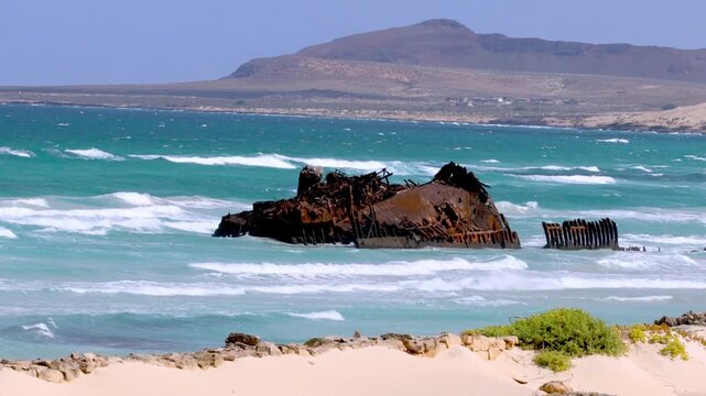 The wreck of the Cabo Santa Mar&iacute;a at Praia de Atalanta on the island of Boa Vista, Cape Verde, Africa