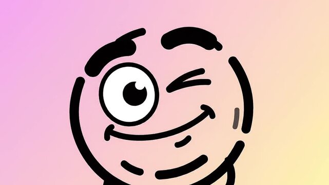A cartoon face with one eye winking and arms raised in celebration on colorful gradient background