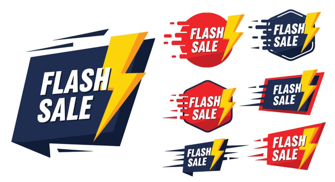 Collection of dynamic 'Flash Sale' banners featuring lightning bolt graphics and speed lines, ideal for retail promotions.