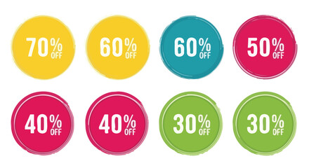 Fototapeta premium Collection of colorful circular badges displaying various percentage discounts for sales and promotions.