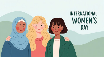 A vibrant illustration of diverse women standing together in unity, celebrating sisterhood and female empowerment, reflecting global solidarity and strength