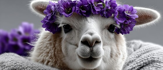 Obraz premium Cute Llama With Purple Flower Crown Portrait: Adorable Farm Animal Closeup For Nature