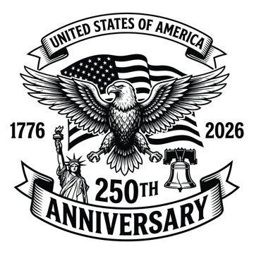USA 250th Anniversary Vintage Monochrome Eagle Emblem with Statue of Liberty and Bell Vector Design