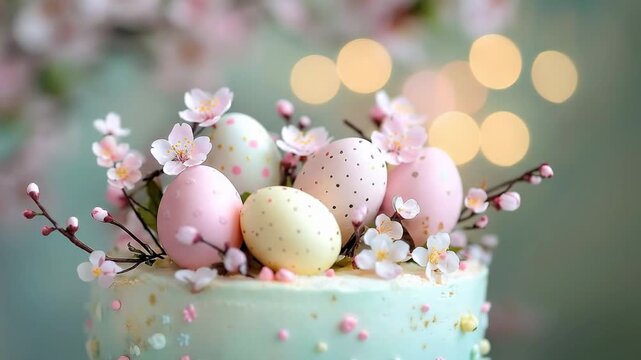 Pastel easter cake decorated with colorful eggs and delicate cherry blossoms, festive spring dessert for celebration