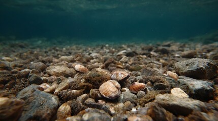 Underwater perspective of a natural seabed covered in rocks pebbles and scattered shells with the shimmering water surface above