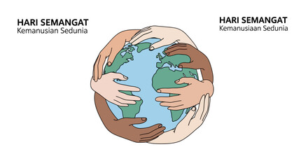 Illustration of diverse hands holding a globe with 'World Humanitarian Day' and 'Hari Semangat Kemanusiaan Sedunia' text, symbolizing global solidarity and humanitarian aid with a graphic