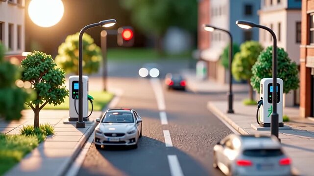 Urban street with electric vehicle charging station and modern cars representing clean energy transport, smart city mobility, and sustainable transportation concept.