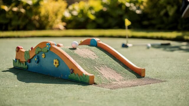 Focused medium shot of whimsical themed prop ramp in daylight with putter and ball background greenery softly blurred