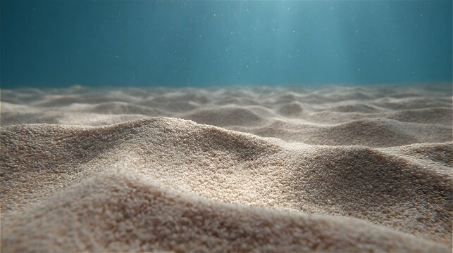 A tranquil underwater vista showcasing rippled sand dunes on the seabed beautifully illuminated by soft penetrating sunbeams filtering through the