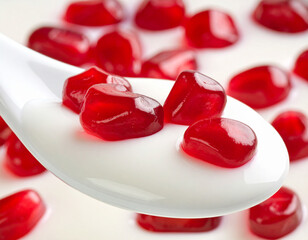 Creamy yogurt with pomegranate seeds on white spoon, macro close-up