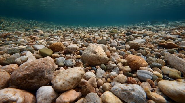 Close up underwater view of a clear shallow riverbed or lakebed covered with smooth multicolored pebbles and stones showcasing natural textures