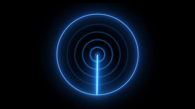 Neon line Searching radar screen by radio waves. Neon light War Plane radar, neon circle radar animated sign symbol on black background.
