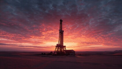 Oil drilling rig silhouetted against a dramatic sunset sky with vibrant clouds