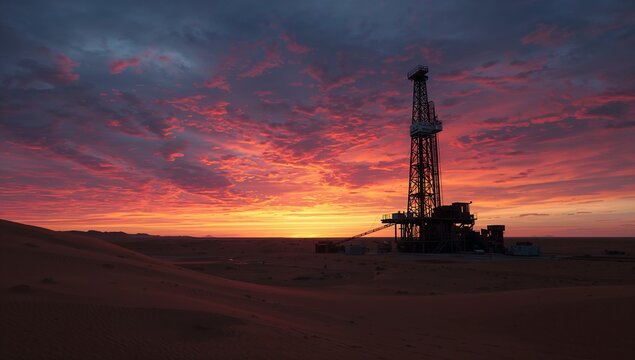 Oil drilling rig silhouetted against a dramatic desert sunset with vibrant clouds