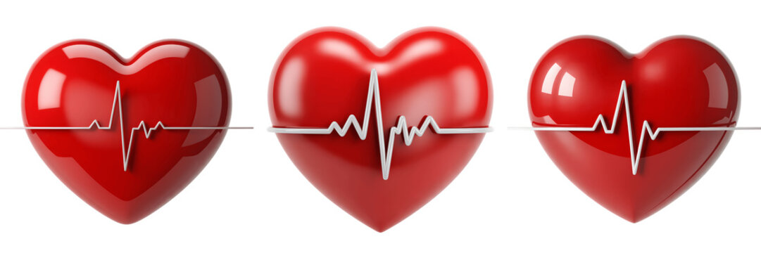 Three red hearts with ecg lines on transparent background