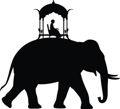 Cartoon silhouette illustration of elephant with ornate howdah carrying seated figure, symbolizing royalty, tradition, and ceremonial transport.