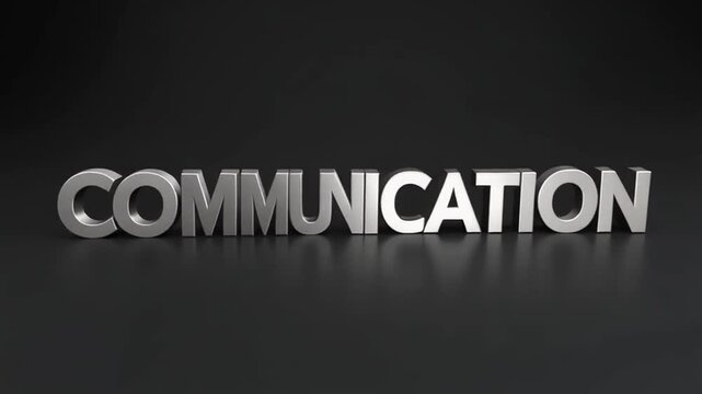 A close-up of 3D metallic letters spelling 'COMMUNICATION' on a dark reflective surface, with a black background and gray shadows, used for business concepts