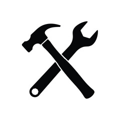 Black silhouette of a hammer and wrench crossed over each other