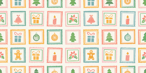 Festive christmas postage stamps in a repeating pattern