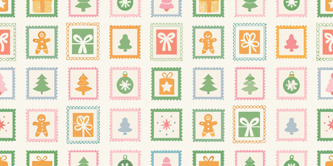 Festive christmas postage stamps pattern with holiday icons