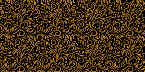 Intricate golden floral pattern on a dark black background