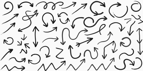 Collection of hand drawn arrows and swirling lines on a white background