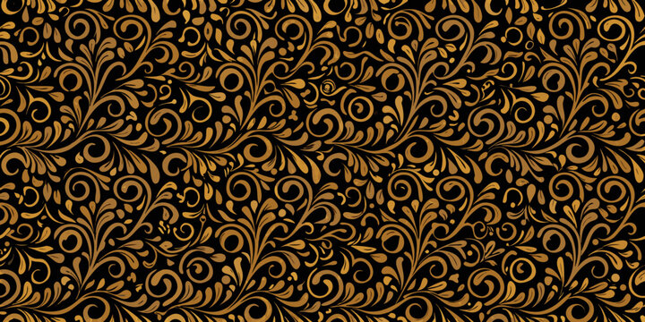Intricate golden floral pattern on a dark black background