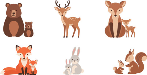 Fototapeta premium Cute forest animal family characters set including bear deer fox rabbit squirrel vector illustration