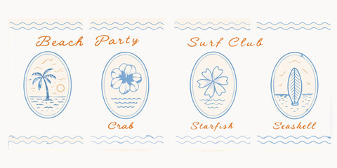 Beach party and surf club themed illustrations with ocean elements