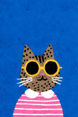 Cute cartoon cat in sunglasses and stripes
