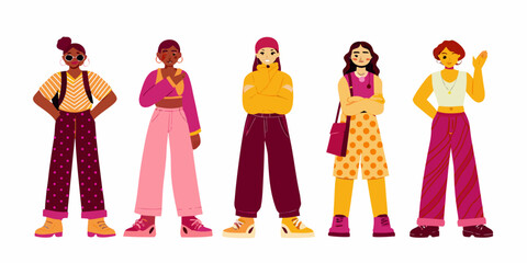 Diverse group of fashionable women standing in a colorful illustrated row