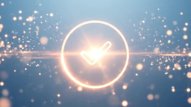 Glowing checkmark icon inside a luminous circle with sparkling particles, symbolizing success, confirmation, approval, and positive results on a soft blue background.