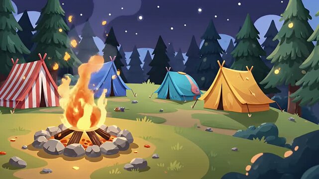 Colorful tents and warm campfire in a forest at night
