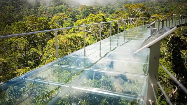 Glass section walkway suspended above vibrant forest canopy sharp focus on transparent flooring reveals treetops below interpretive plaques gently out of focus.