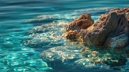 Obraz premium Turquoise water laps against rugged coastal rocks. Concept Turquoise Waters, Rugged Coastal Rocks, Seascape Photography, Coastal Landscape, Wave Textures