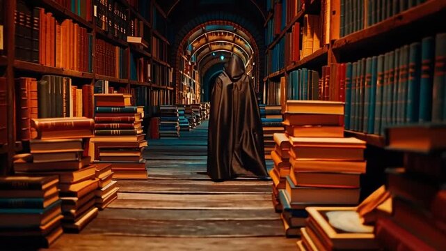 Stacks of old books line the wooden floor of a dimly lit ancient library hallway with arched vaulted ceilings.