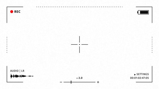 Camera viewfinder overlay. Video camera viewfinder on white background. Video camera viewfinder display frame for recording video and photos. Recording camera screen with indicators and frame. Vector